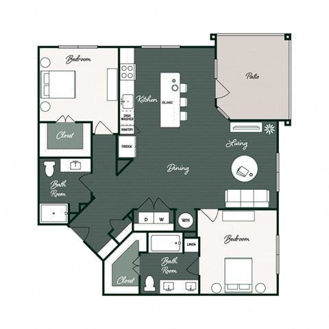 Floor plan for 2 beds, 2 baths, 1200 sqft